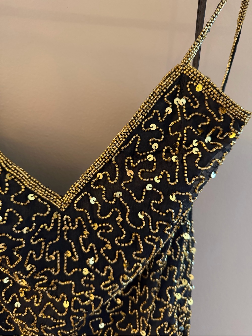 Beautiful ✨Vintage 90s Formal Black Sequin Slip Dress with Gold Beading ✨